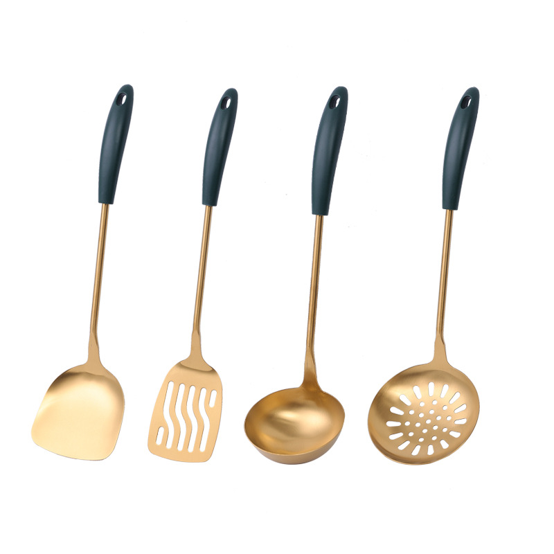 304 pala de acero inoxidable utensilios de cocina traje de plástico mango freír pala cuchara de pala dorada juego de cocina pala