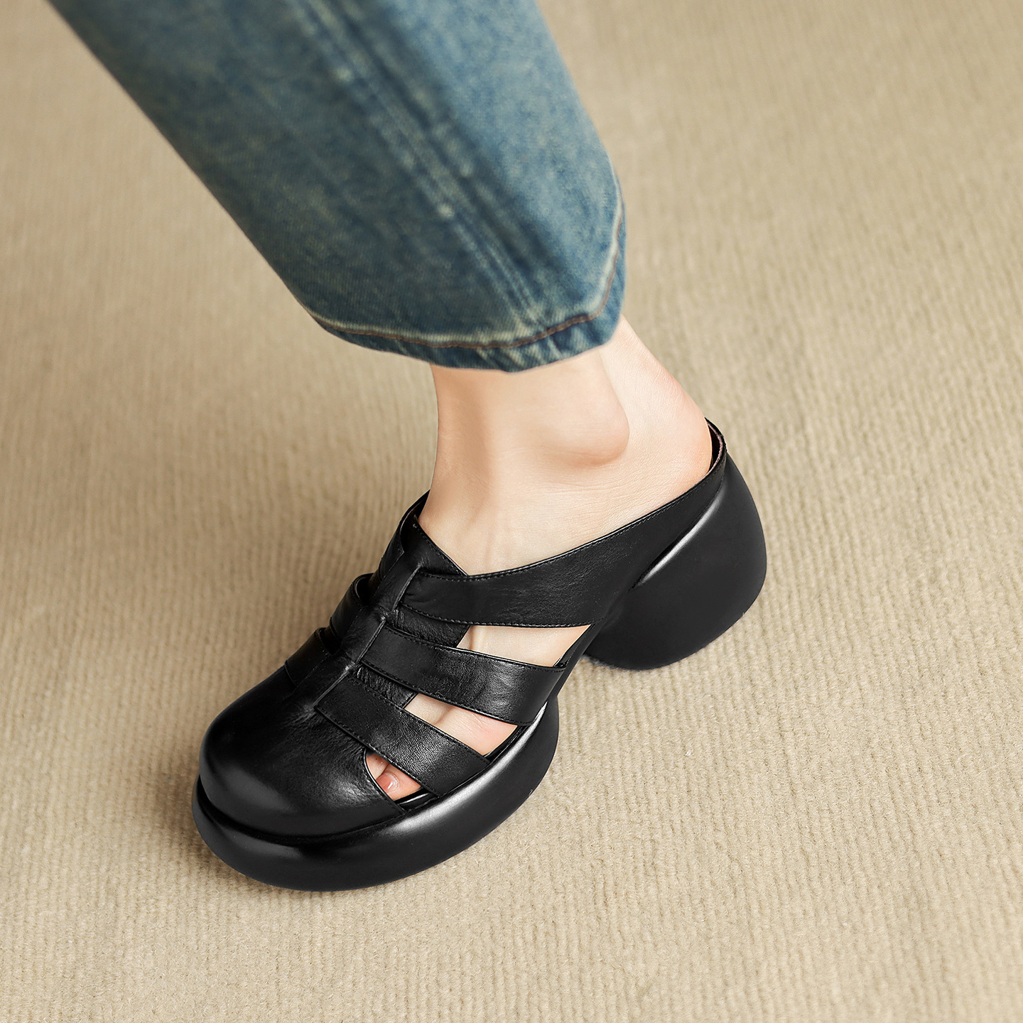 Sandal cao gót nữ mũi hở phong cách La Mã đế dày 6 cm — đen