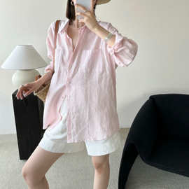高级感淡粉色亚麻衬衫女夏防晒开衫轻盈透气法式棉麻衬衣