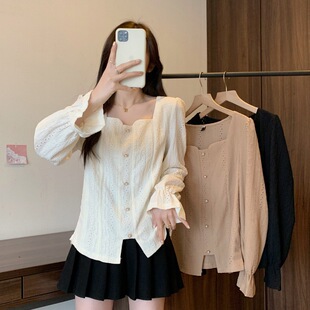 Large Size Women's Clothing 2024 Spring Elegant French Style Square Collar Fat Sister Fashionable Tight Waist Slim Shirt