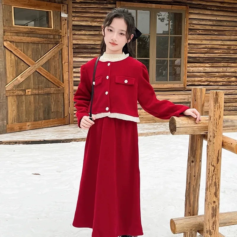 Небольшой красный осенний комплект, юбка для учащихся начальной школы, стиль Chanel