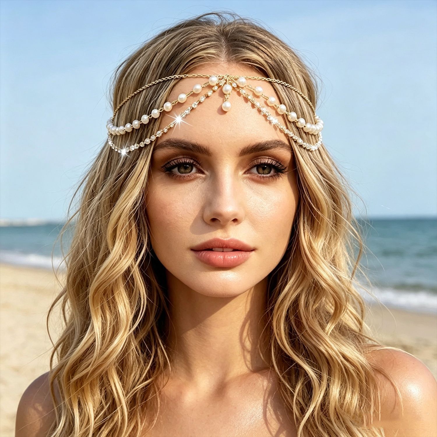 New European and American cross-border ins hair accessories: pearl chain headband, exotic style diamond-embellished chain forehead ornament for women