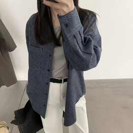 复古高级蓝色格子磨毛棉衬衫外套女秋季新款慵懒宽松长袖衬衣上衣