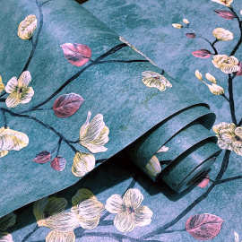 美式复古墨绿色PVC墙纸直播背景墙浮雕3d墙贴 flower自粘壁纸批发