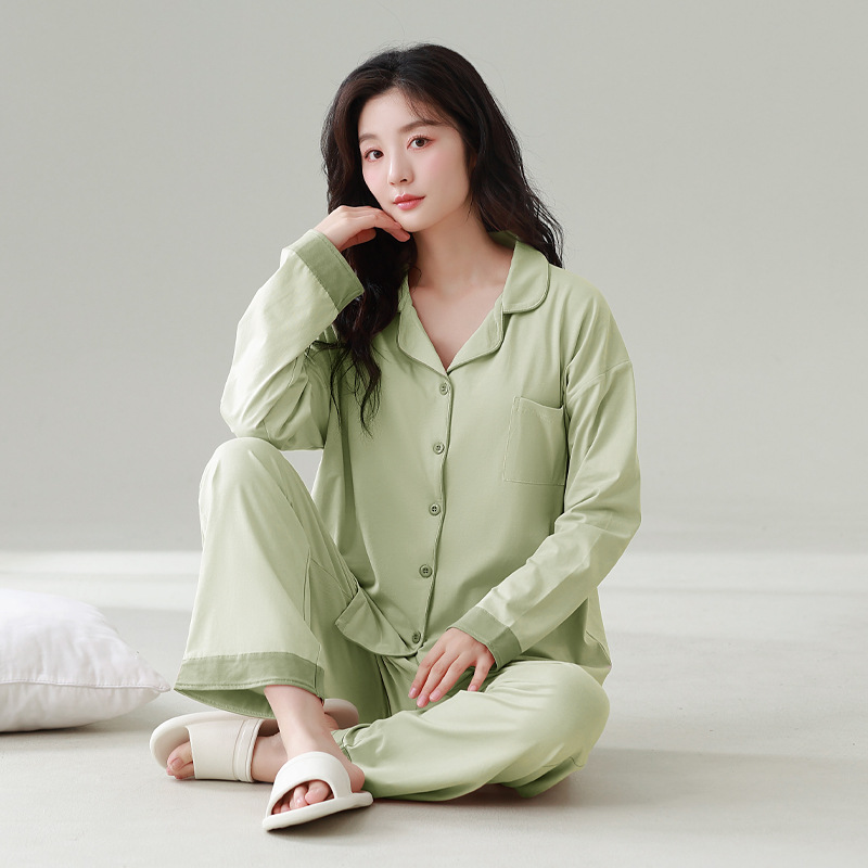 잠옷 여성의 새로운 [COOL COTTON] 긴 소매 바지 세트 옷깃 가슴 패드 솔리드 컬러 편안한 외부 착용 홈 의류 세트