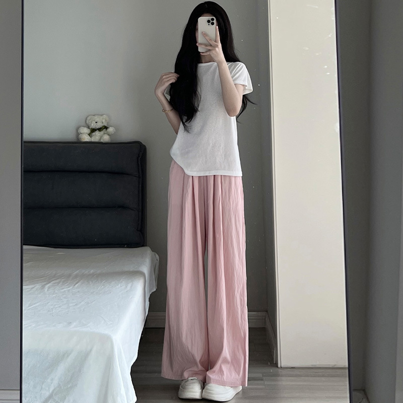 氷の糸の広腿のズボンの女性の夏の新型の高い腰の垂れ下がった感のゆったりしている薄いタイプのまっすぐな筒の禅の意の綿の麻の山本のズボンは曲がっているズボンを散歩します。|undefined