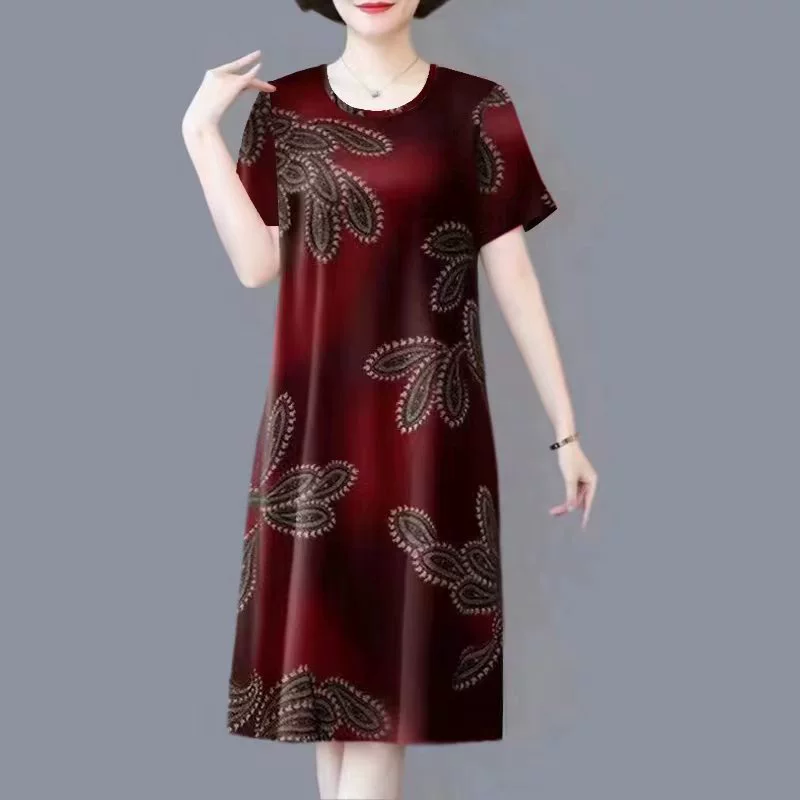 Платье с короткими рукавами для мам среднего и пожилого возраста, новинка лета 2025 года, юбка средней длины, свободное модное платье, закрывающее живот