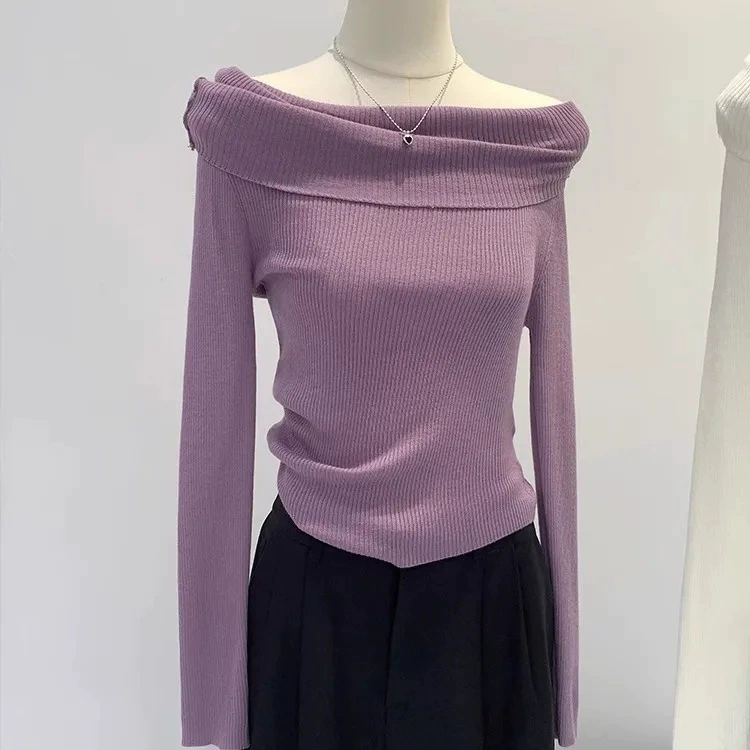 Нижний трикотажный трикотаж с одним словом на плече, женский 2025 весна и зима, чистый темперамент, дизайн с длинными рукавами