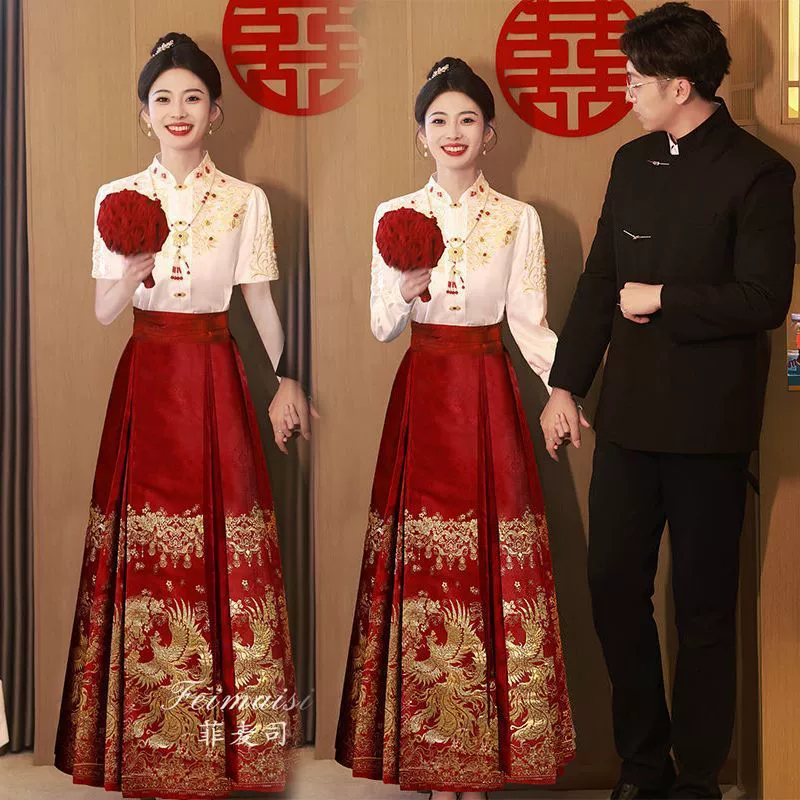Set, evening dress, wedding dress for bride, plus size, Chinese style, with embroidery