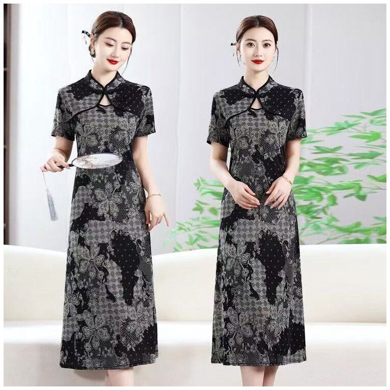 Dropshipping Women's 2025 Summer New Style Middle-Aged Mother's Elegant Cheongsam Dress for Middle-Aged and Elderly People to Cover the Belly and Is Simple