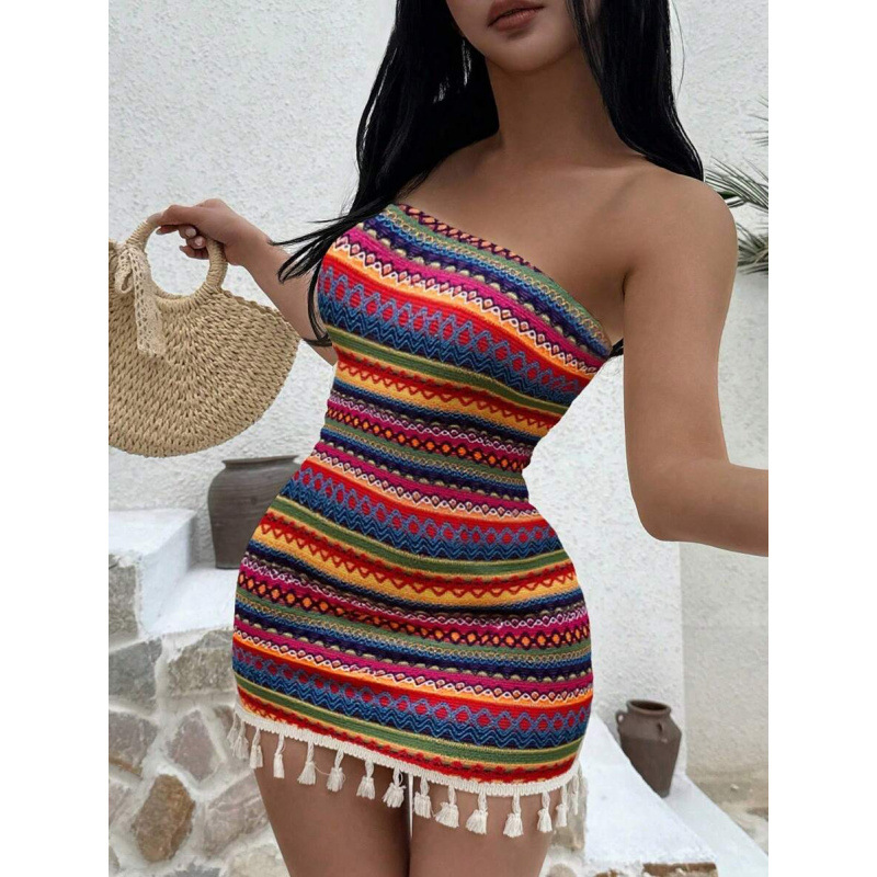 D 11894 comercio exterior transfronterizo tela de textura sexy sin cinturón de hombro vestido de costura de borda