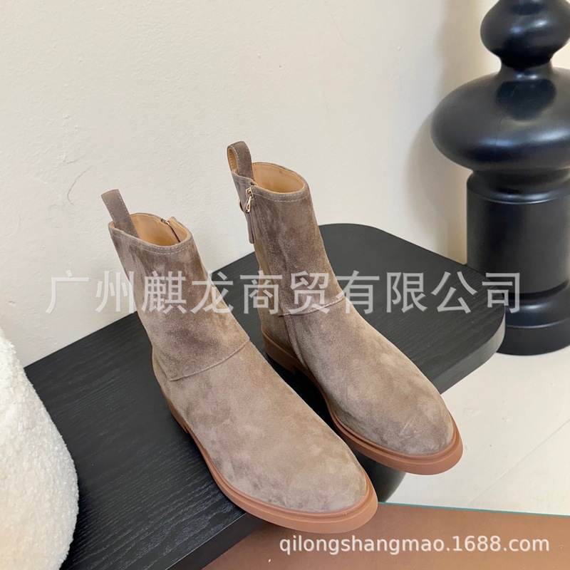 高端品质2025秋冬磨砂皮圆头复古侧拉链平跟显瘦马丁靴骑士靴单靴|undefined