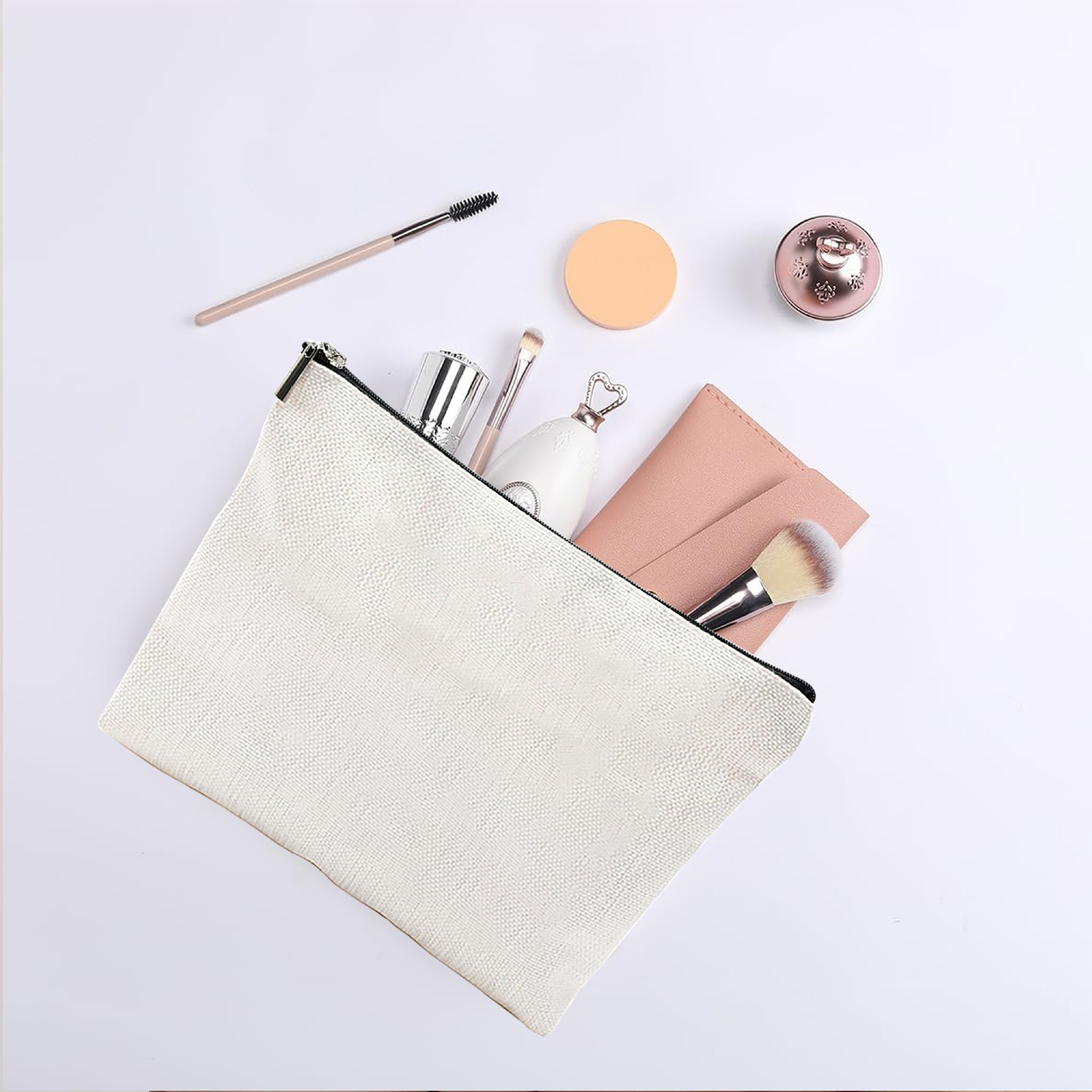 Fábrica directa de venta transfronteriza de Amazon bolsas de maquillaje de lino en blanco, bolsas de almacenamiento de lavado