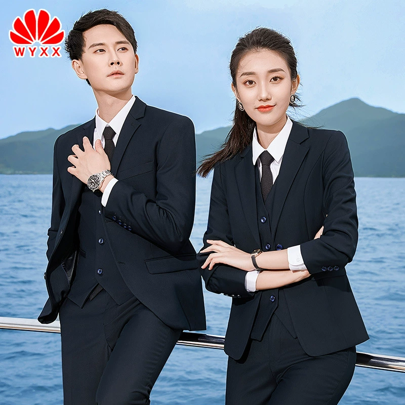 Весенний мужской и женский костюм в одном стиле, платье для бизнес-отеля, профессиональная рабочая одежда, темпераментный облегающий костюм Королевского синего цвета