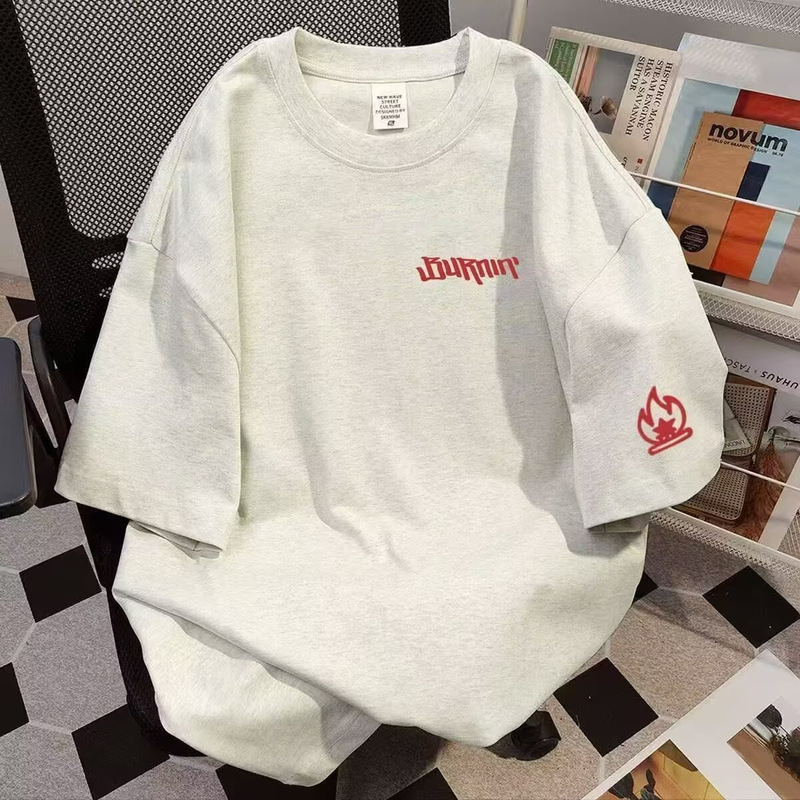 Heavyweight Drop-Shoulder Korean-Style Design Flame Print Short-Sleeve T-Shirt Unisex Trendy Brand Loose Fit Ins Summer Versatile Half-Sleeve Top Heavyweight Drop-Shoulder Korean-Style Design Flame Print Short-Sleeve T-Shirt Unisex Trendy Brand Loose Fit Ins Summer Versatile Half-Sleeve Top