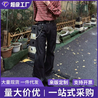 跨境立体裁剪解构黑牛仔裤女美式复古直筒宽松堆叠感显瘦牛仔裤男