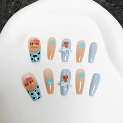 小紅書藍色海豚豹紋Kitty穿戴甲法式長款顯白y2k帶鑽美甲貼片