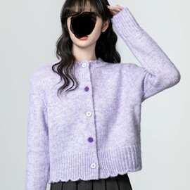 短款紫色毛衣外套女春秋2025新款慵懒宽松软糯针织开衫小个子上衣
