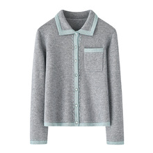 7针平纹纯山羊绒女士撞色针织开衫 新款正肩翻领有兜时尚休闲毛衣