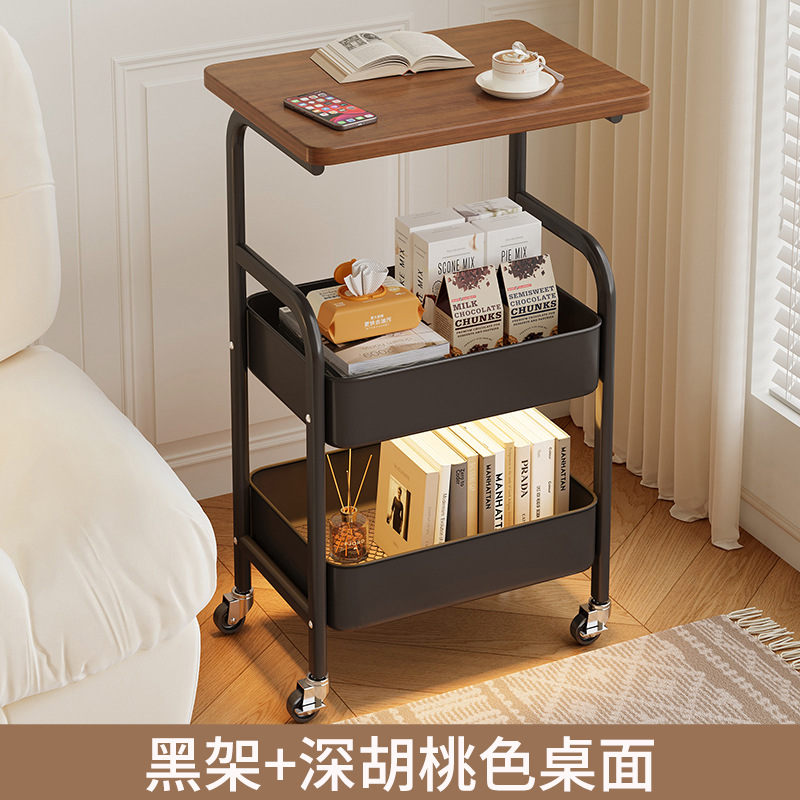 Mesa de té móvil de doble capa de sala de estar junto al sofá de almacenamiento integrado con mesa de té de ruedas para el dormitorio, estante de cama simple