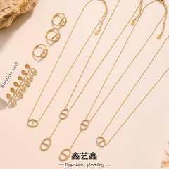 鑫艺鑫新款不锈钢5A锆石双日子满钻流苏项链耳环套装ins开口戒指