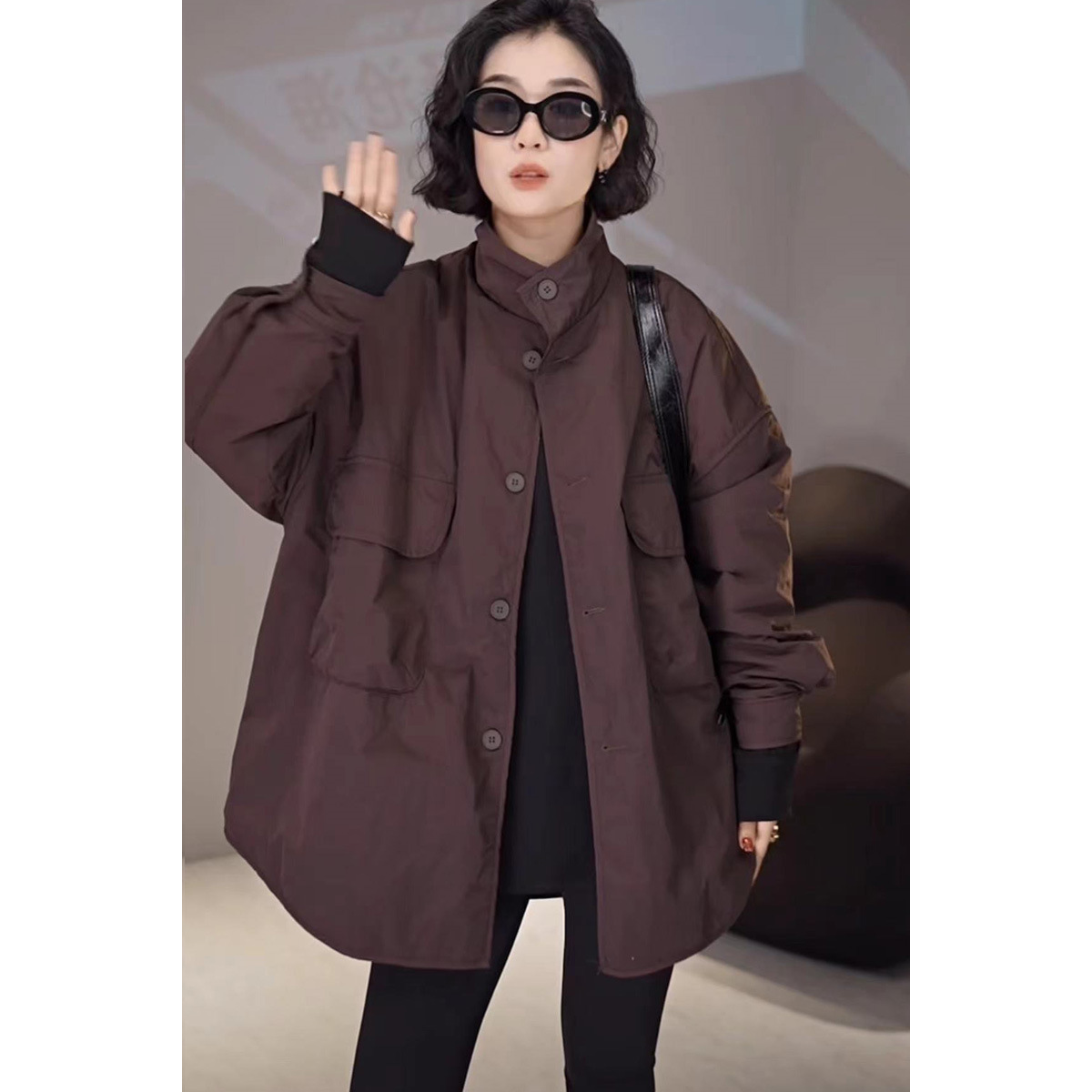 欧货宽松大口袋棉服女2024秋冬新款休闲中长款开衫翻领棉衣外套女