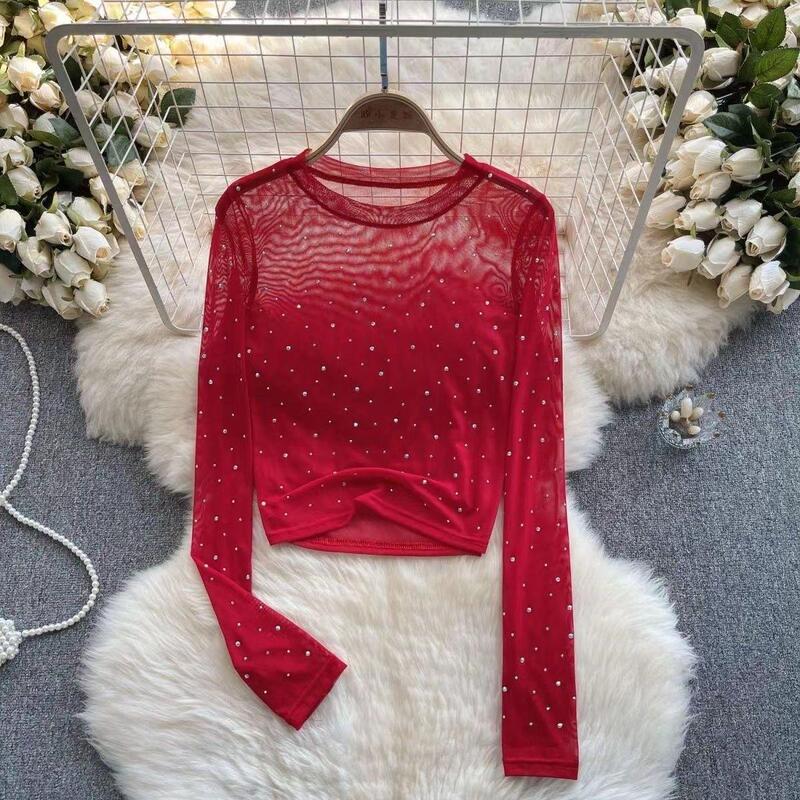 New European and American Long-sleeved Hot-piece Mesh Top Women's Niche Chic Pure Spice Girls Sexy Perspective Inner Base Shirt