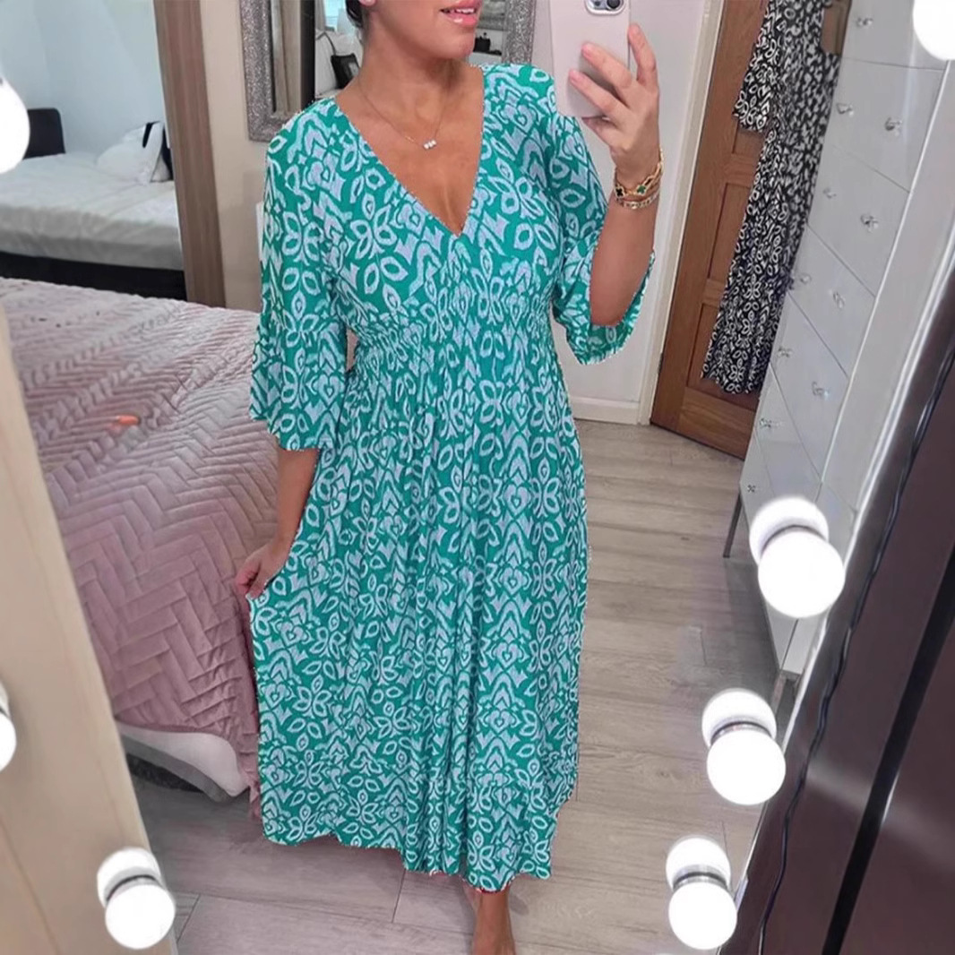 재고 2024 뉴 플러스 사이즈 슈퍼 페어리 V 넥 꽃 원피스 해변 원피스 느슨한 올 매치 롱 원피스