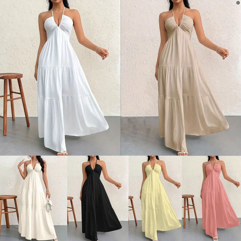 2025 Summer Cross-Border Women's Popular Deep V Shoulder Bohemian Style Belt Wedding Festival Party Dress