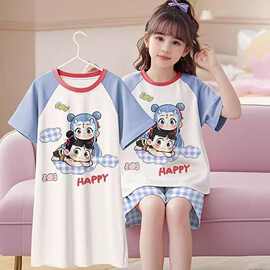 女童睡裙短袖薄款中大童新款卡通儿童夏季套装青少年女孩家居服