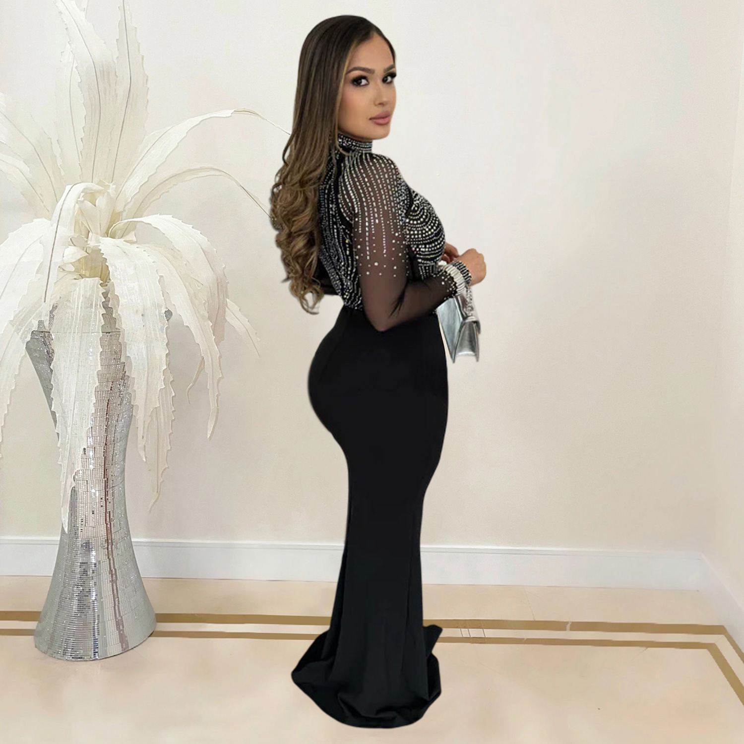 C7016 AliExpress transfronterizo Amazon estación independiente de moda europea y americana ropa de mujer de malla de diamante caliente vestido vestido largo nuevo image 4