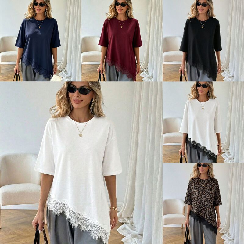 European and American Cross-Border Summer Round-Neck Lace-Trimmed Loose Fashion T-Shirt Top, Popular on Temu and Amazon