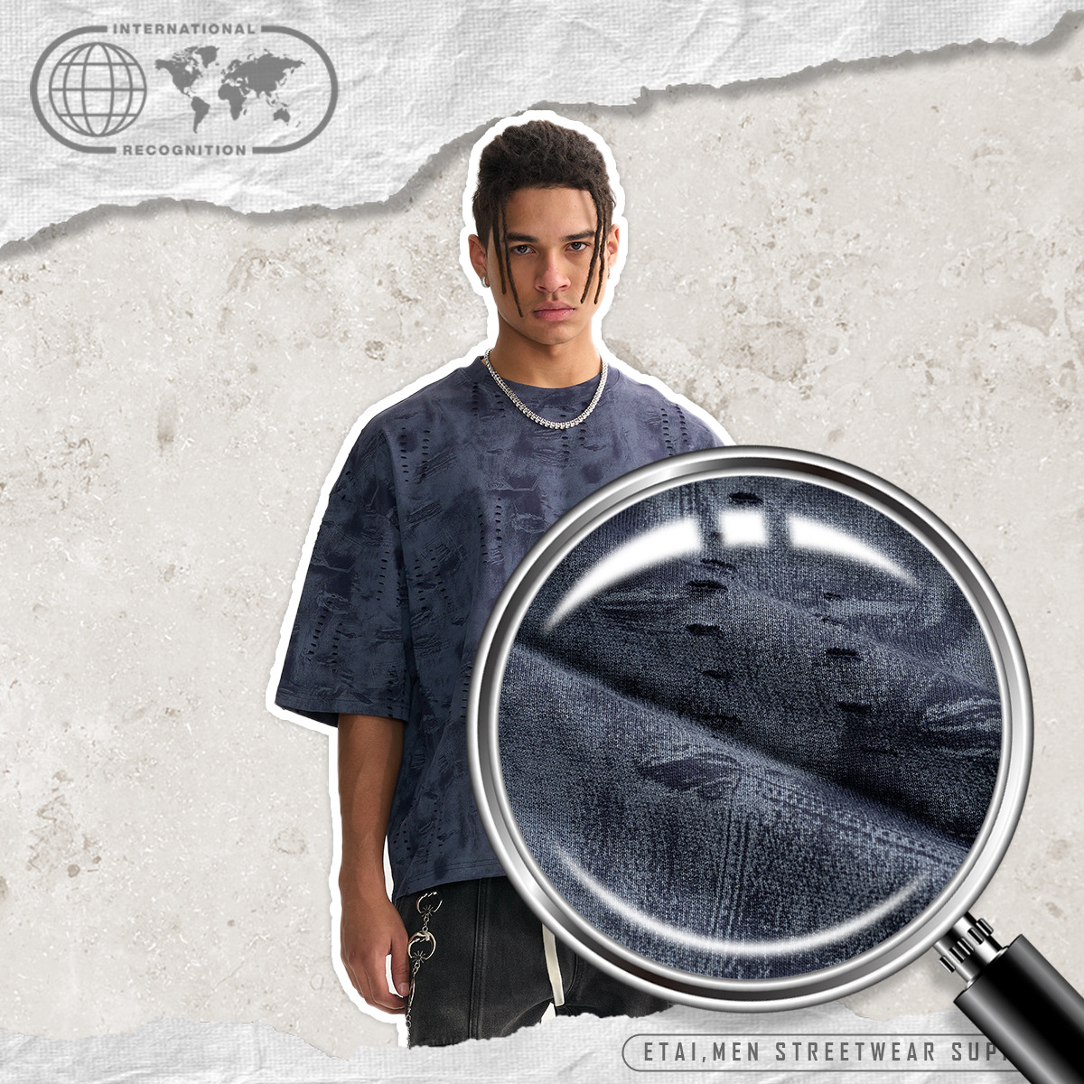 ETAI Hombre| Marca de moda desgastada jeans viento boxy camiseta de hombre de algodón pesado texturas jeans de hombre de manga corta