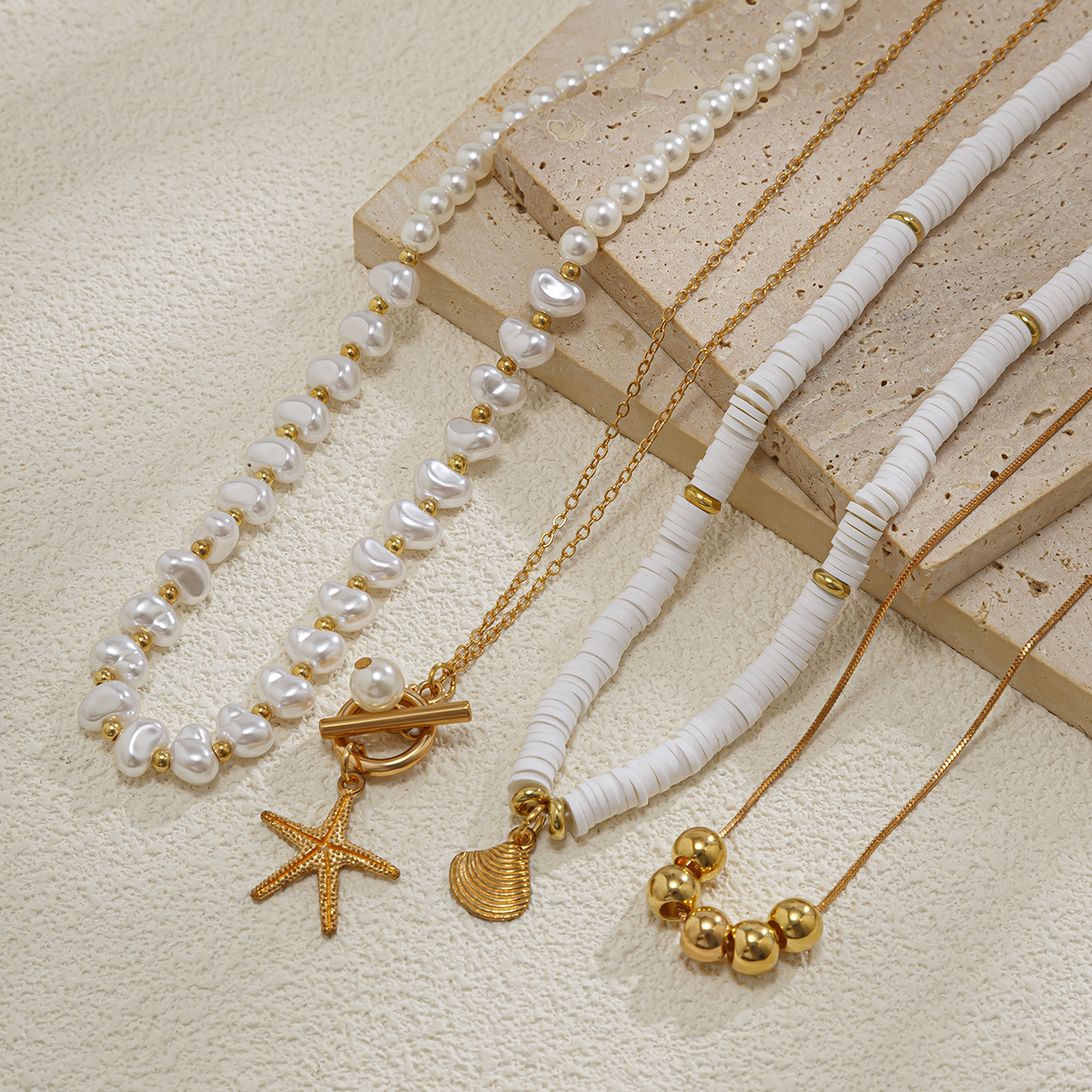 Starfish, Shell Pattern Bohemian Starfish Shell Imitation Pearl CCB Alloy Soft Clay Beaded Chain Cable Chain Layered Necklaces Wholesale