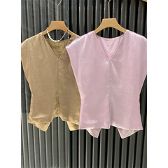 フランスの高級感vネックの飛袖のシフォンのシャツの女性の夏の新型は腰を収めて軽く熟しています。