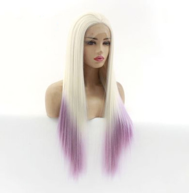 Peluca europea y americana, blanco lechoso, rosa, púrpura, cabello liso largo, encaje frontal, capucha de cabello de fibra química LW0162
