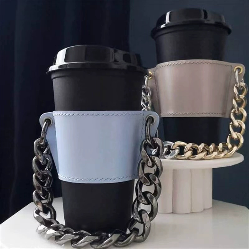 pu皮革日韩风咖啡奶茶杯防烫手提杯子保护套户外便携金属链条杯套