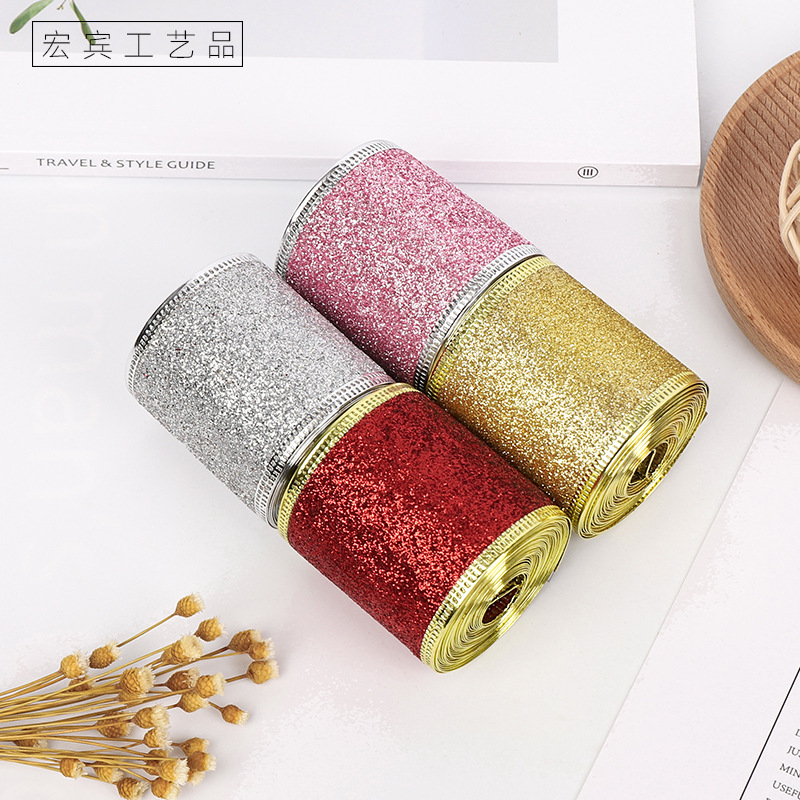 Cinta de Navidad para empaquetado con borde de alambre, lazo de decoración navideña, cinta dorada con purpurina, fabricante de cintas