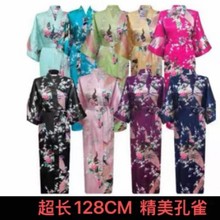 超长孔雀128cm睡袍女士夏季长款开衫袍薄款中桑丝绸色丁和服浴袍