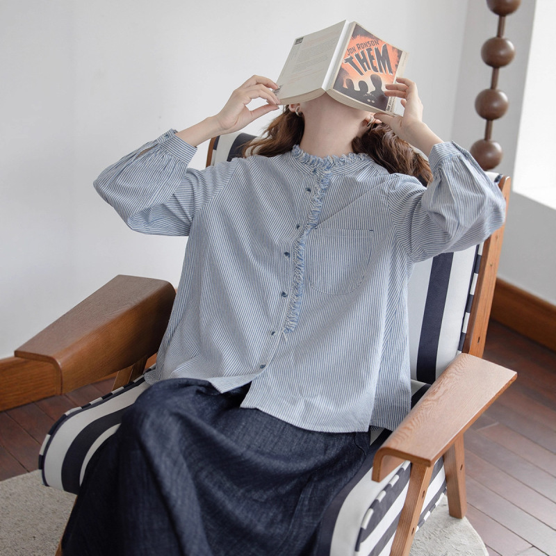 2025秋季新款日系宽松条纹衬衫女设计感流苏边小众气质长袖衬衣|undefined
