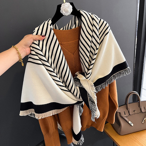 New striped shawl for women to wear outside the air-conditioned room in summer, warm imitation cashmere shoulder and neck scarf, autumn and winter