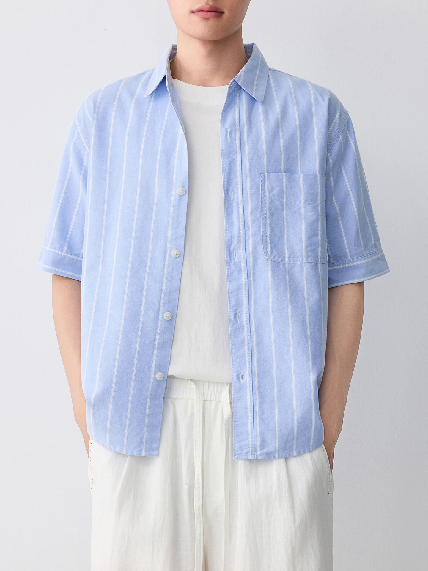 Áo sơ mi nam ngắn tay sọc cotton thoáng mát — màu xanh nhạt