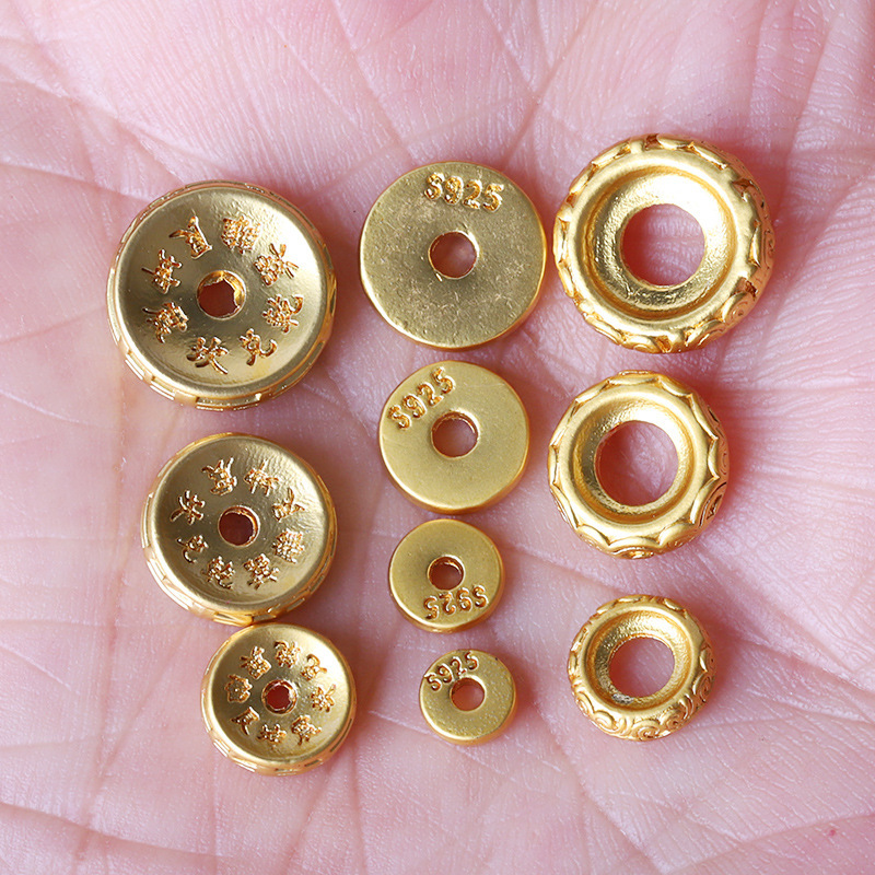 High Color-Retention 24K Real Gold Ancient Method Sand Gold Dragon and Phoenix Pattern Spacer Disc Bead with Large Hole and Smooth Surface Six-Word Mantra Pad