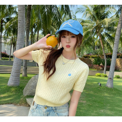 Women's Summer New Slimming and Body-Concealing Casual Yellow Crochet Vintage Short-Sleeve Knit Top