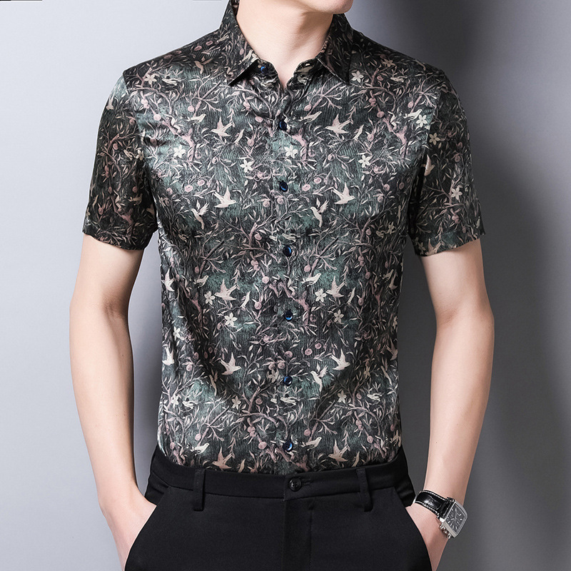 2025 summer men's silk mulberry silk short sleeve shirt men's half sleeve silk satin business summer clothes 2025 summer men's silk mulberry silk short sleeve shirt men's half sleeve silk satin business summer clothes