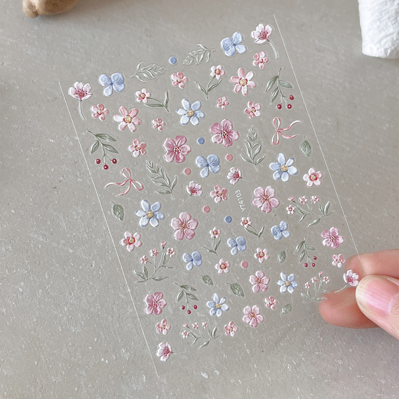日系浮雕美甲贴纸网红新款莫奈花园油画小野花DIY蝴蝶结指甲贴纸|undefined