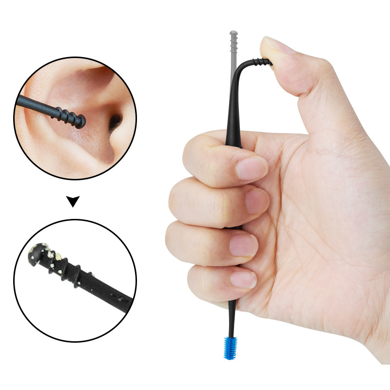 Manufacturer's silicone double-headed spiral ear scoop for massaging the ear canal and ear picking tool.