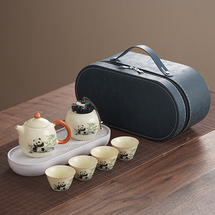 Moe Fun Panda Tea Set suit National Fashion Light Luxury Ru Kiln Open Film Household Complete Tea Tray High-end Gift Box Business Fixed Printing