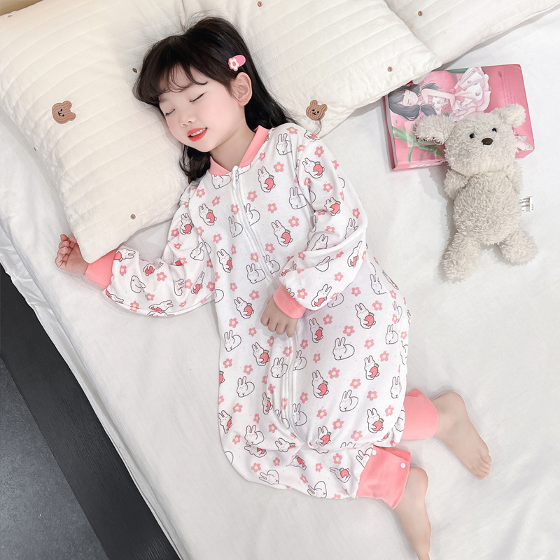 连体睡衣春秋薄款男童女童睡袋分腿婴儿纯棉家居服卡通印花春季