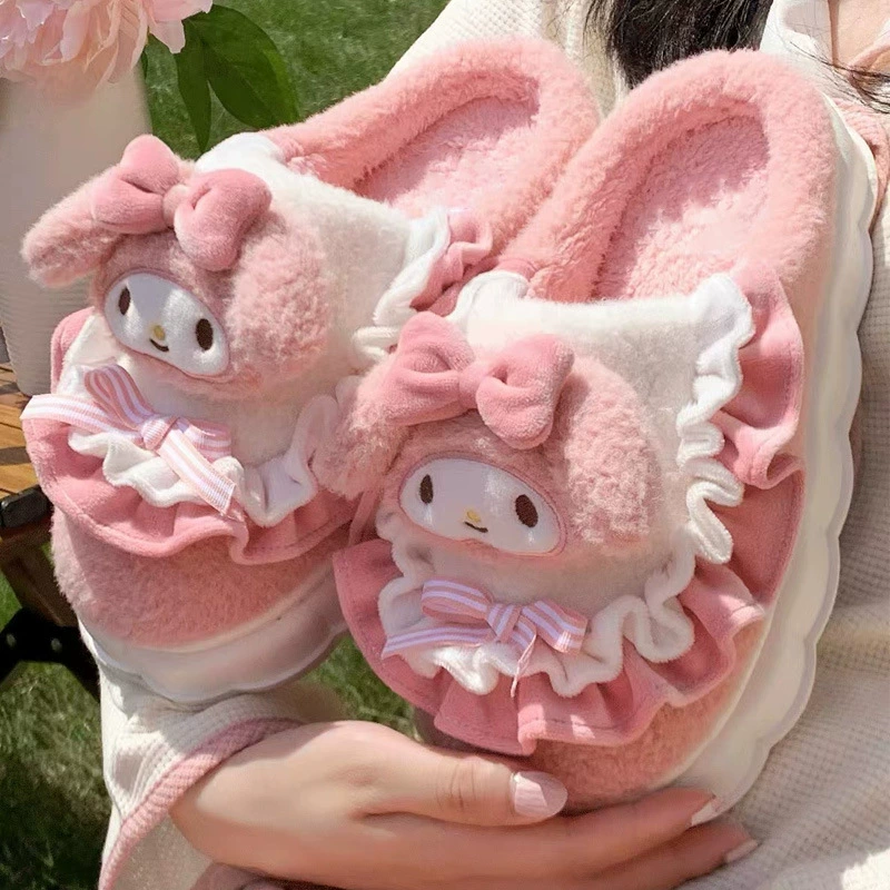 Тапочки (Hello Kitty) женские, зимняя флисовая подкладка, домашняя обувь, милый рифленый дизайн, размеры 36–41